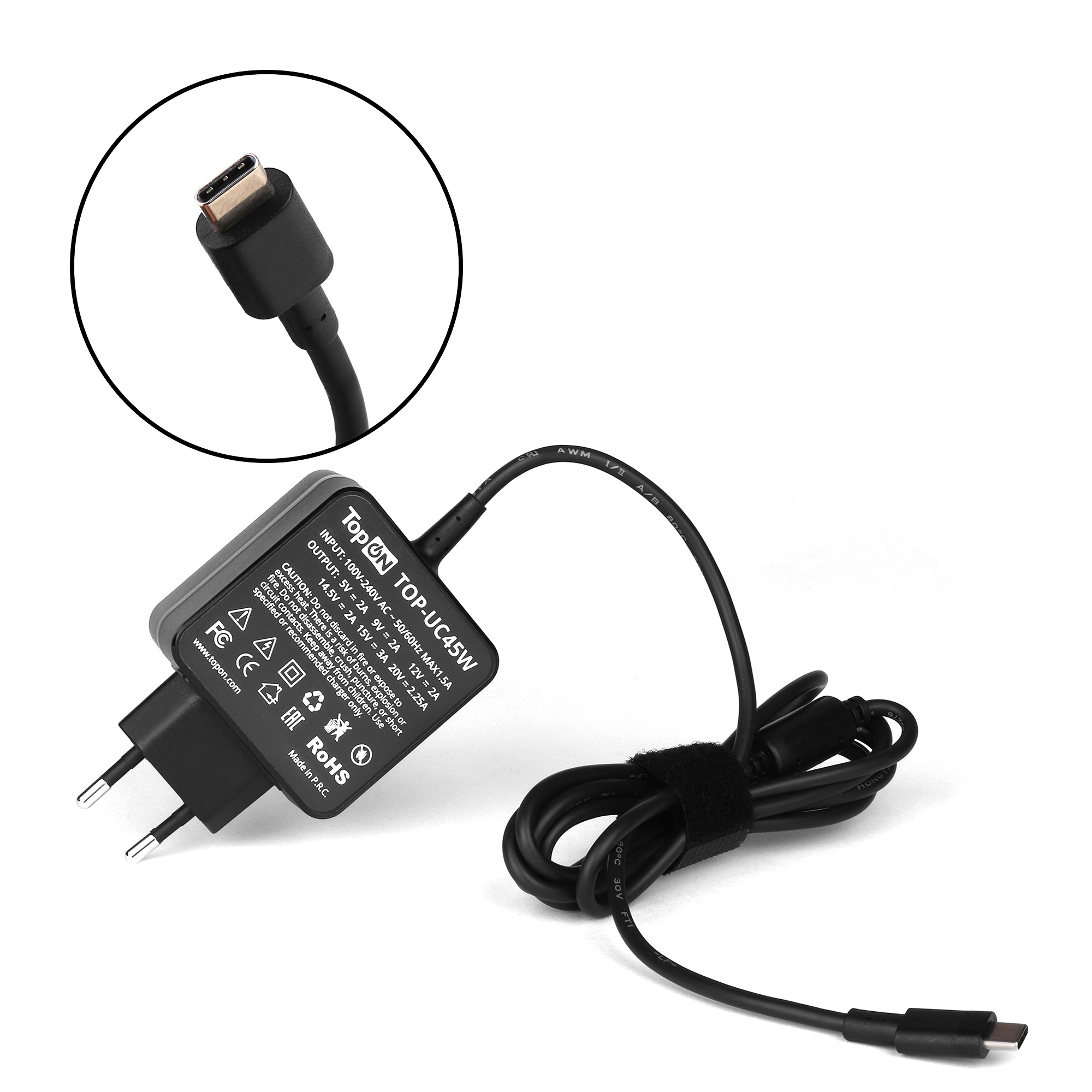 

Адаптер питания TopON для ноутбуков, универсальный, 45W, Type-C, PowerDelivery 3.0, 2,4m (TOP-UC45W), TOP-UC45W