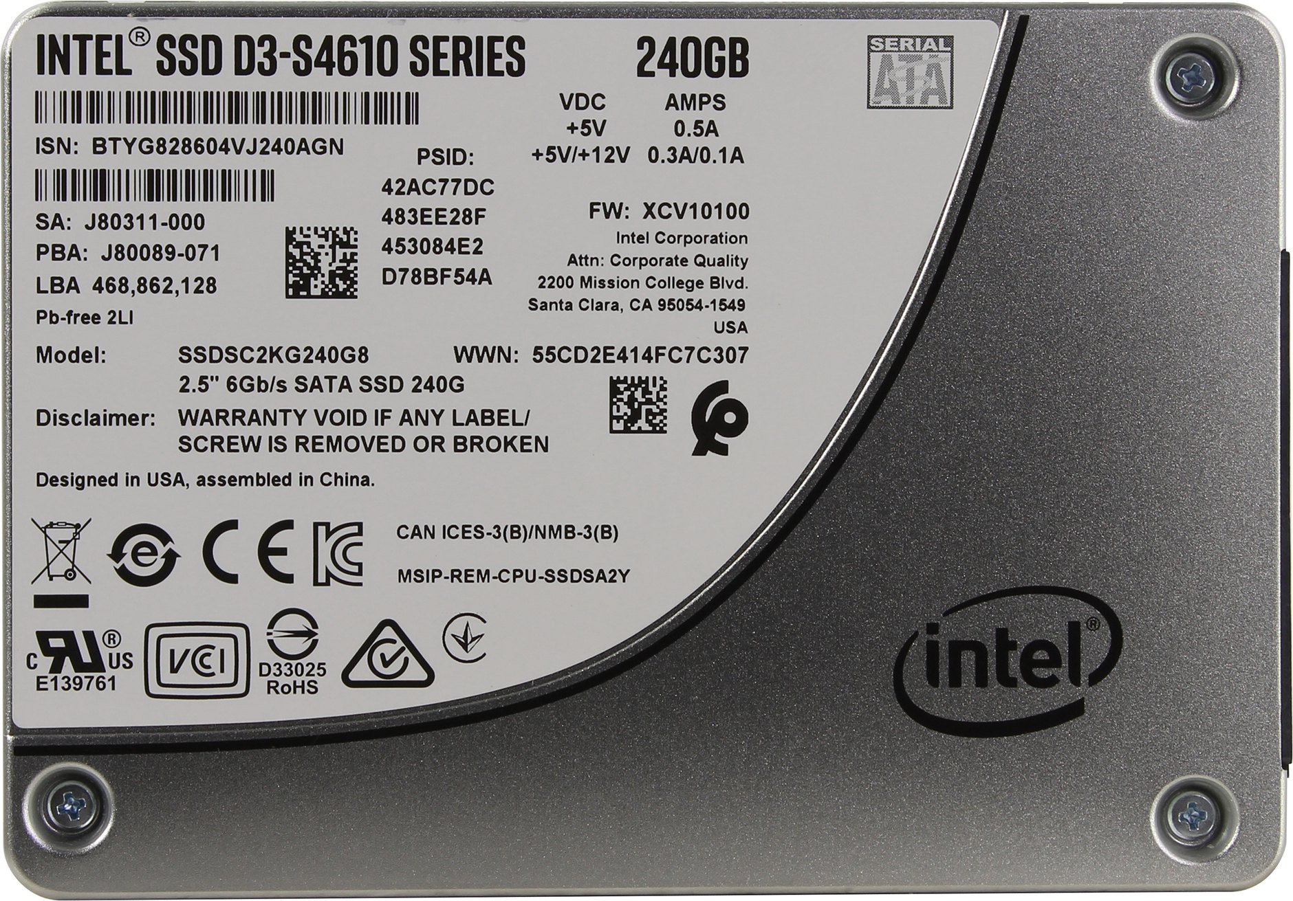 

Твердотельный накопитель (SSD) Intel 240Gb D3-S4610, 2.5", SATA3 (SSDSC2KG240G801), Серебристый, D3-S4610