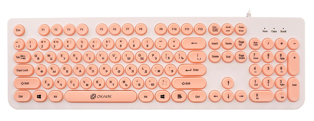 

Клавиатура проводная Oklick 400MR, мембранная, USB, белый/розовый, 400MR