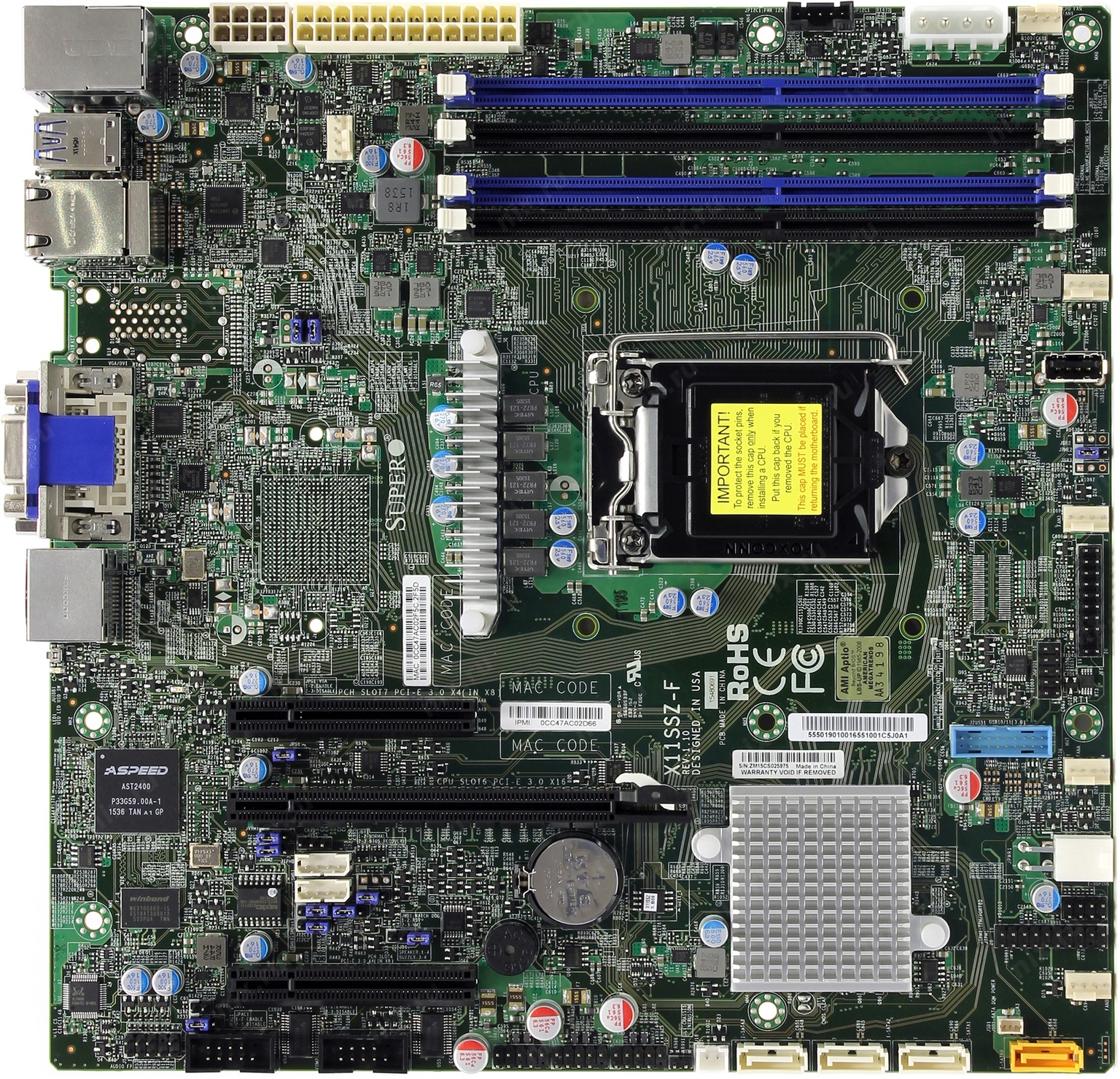 

Материнская плата Supermicro X11SSZ-F, 1xSocket1151, iC236, 4xDDR4, PCI-Ex16, 4SATA3 RAID 0/1/5/10, 7.1-ch, 2GLAN, 4xUSB 3.0, VGA, DVI, DisplayPort, mATX, Retail (MBD-X11SSZ-F-O), X11SSZ-F