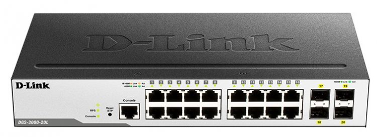 

Коммутатор D-link DGS-3000-20L, управляемый, кол-во портов: 16x1 Гбит/с, кол-во SFP/uplink: SFP 4x1 Гбит/с, установка в стойку (DGS-3000-20L/B1A), DGS-3000-20L