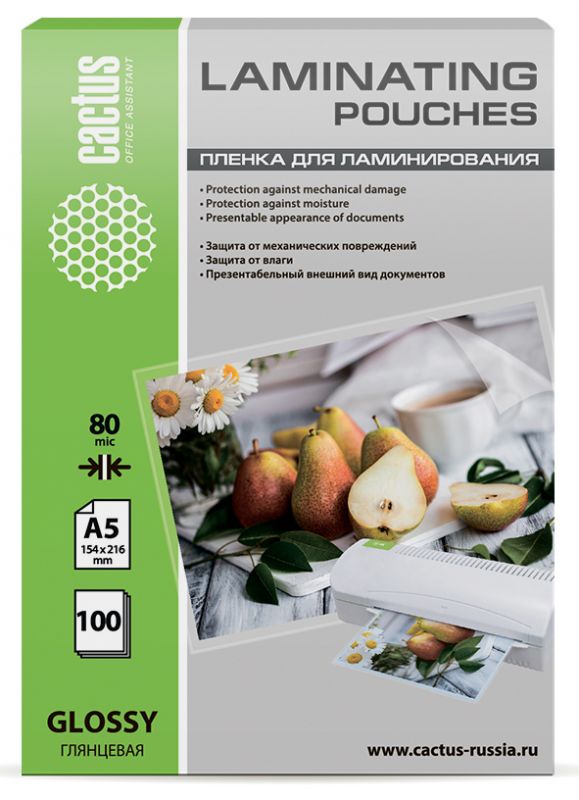 

Пленка для ламинирования Cactus 80мкм, A5, 100 шт., глянцевая (CS-LPGA580100)