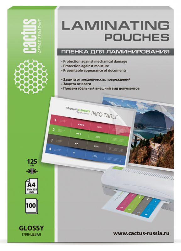 

Пленка для ламинирования Cactus 125мкм, A4, 100 шт., глянцевая (CS-LPGA4125100)