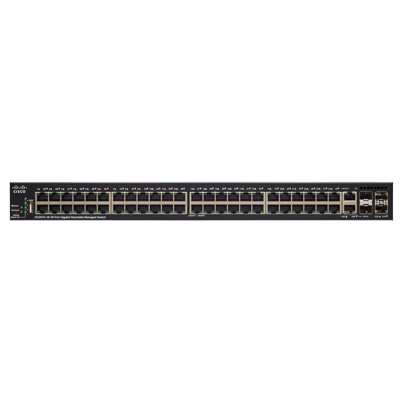 

Коммутатор Cisco SG350X-48P, управляемый, кол-во портов: 48x1 Гбит/с, кол-во SFP/uplink: combo RJ-45/SFP+ 4x10 Гбит/с, установка в стойку, PoE: 48шт.x30Вт (макс. 382Вт) (SG350X-48P-K9-EU), SG350X-48P