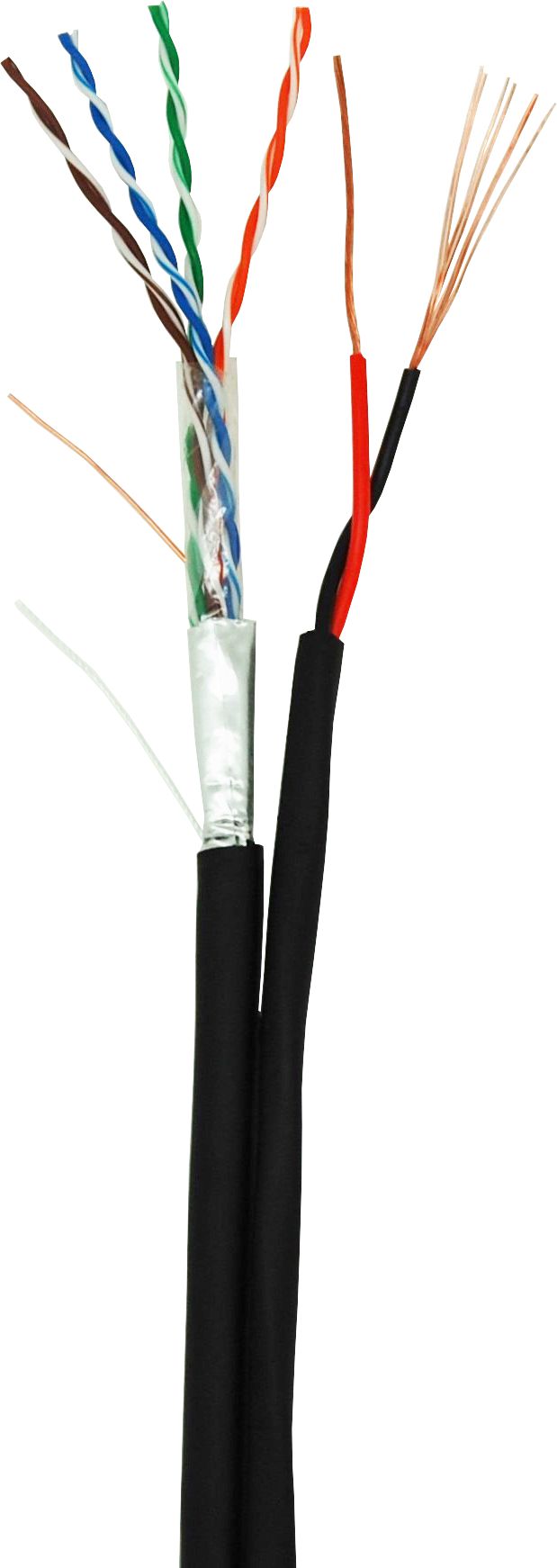 Витая пара FTP кат.5e, 4 пары, CU, 305м., внешний, одножильный, черный, с многожильным силовым кабелем 0.50мм2, PE до -40C, NETLAN (EC-UF004-5E-PC050-PE-BK)