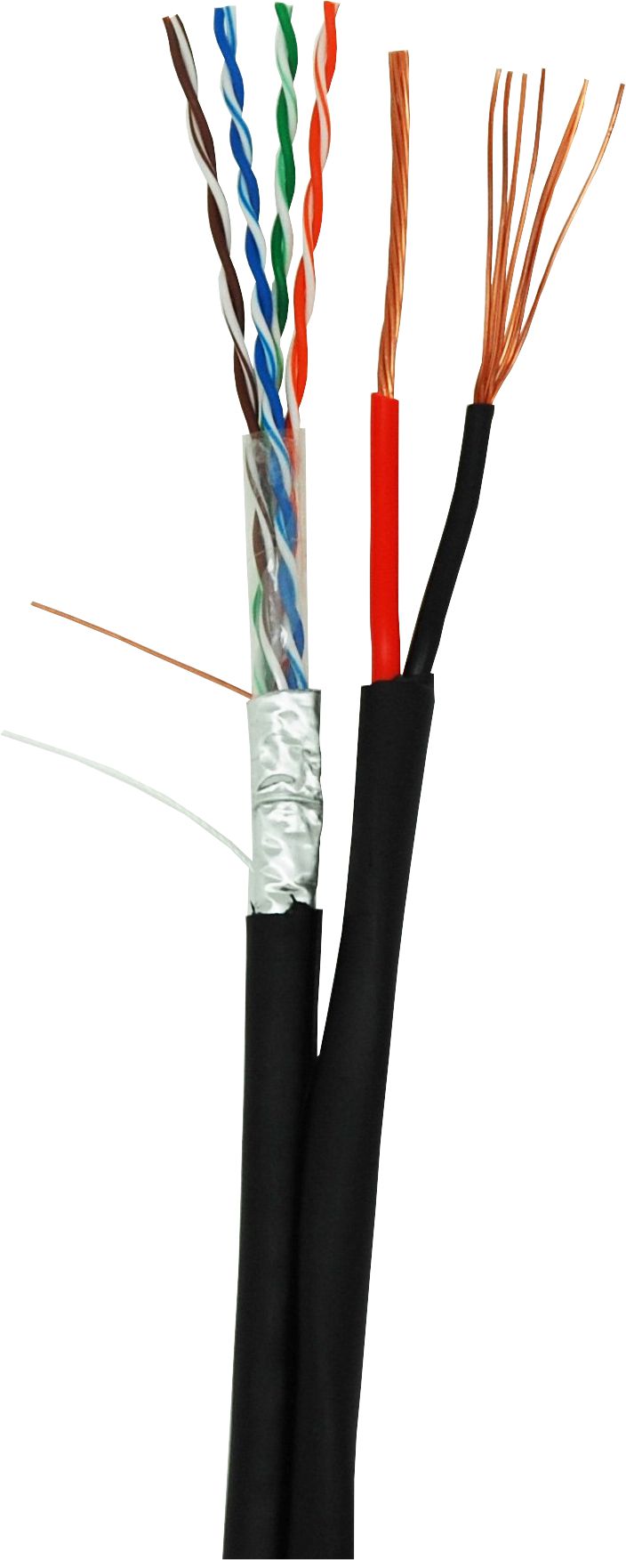 Витая пара FTP кат.5e, 4 пары, CU, 305м., внешний, одножильный, черный, с многожильным силовым кабелем 1.50мм2, PE до -40C, NETLAN (EC-UF004-5E-PC150-PE-BK)