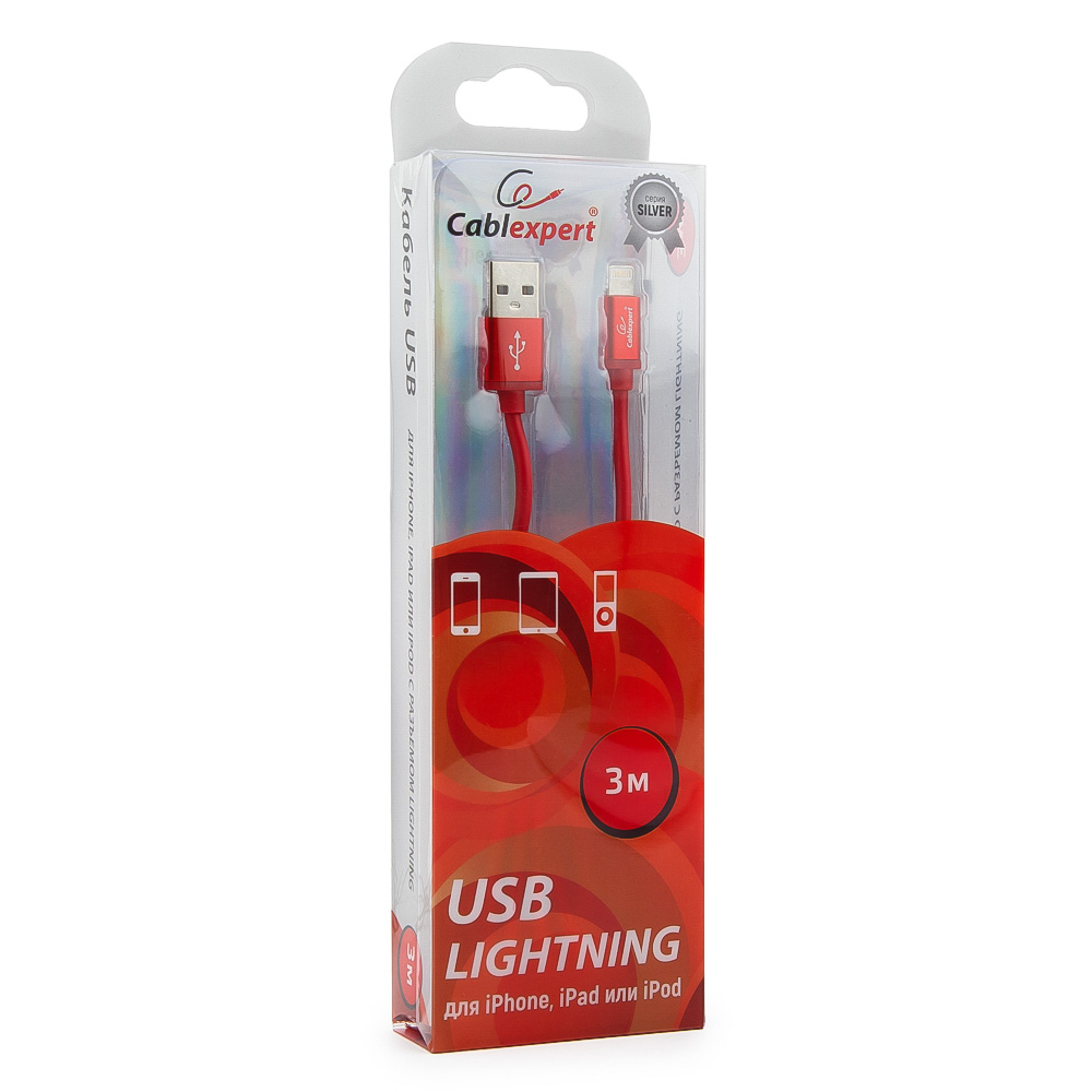 

Кабель USB2.0(Am)-Lightning, Cablexpert , 3m, красный, блистер (CC-S-APUSB01R-3M)