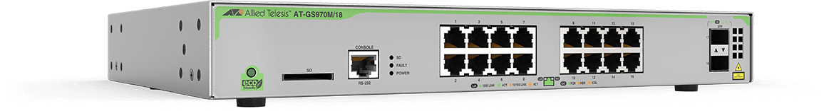 

Коммутатор Allied Telesis GS970M/18, управляемый, кол-во портов: 16x1 Гбит/с, кол-во SFP/uplink: 2x1 Гбит/с, установка в стойку (AT-GS970M/18-50), GS970M/18