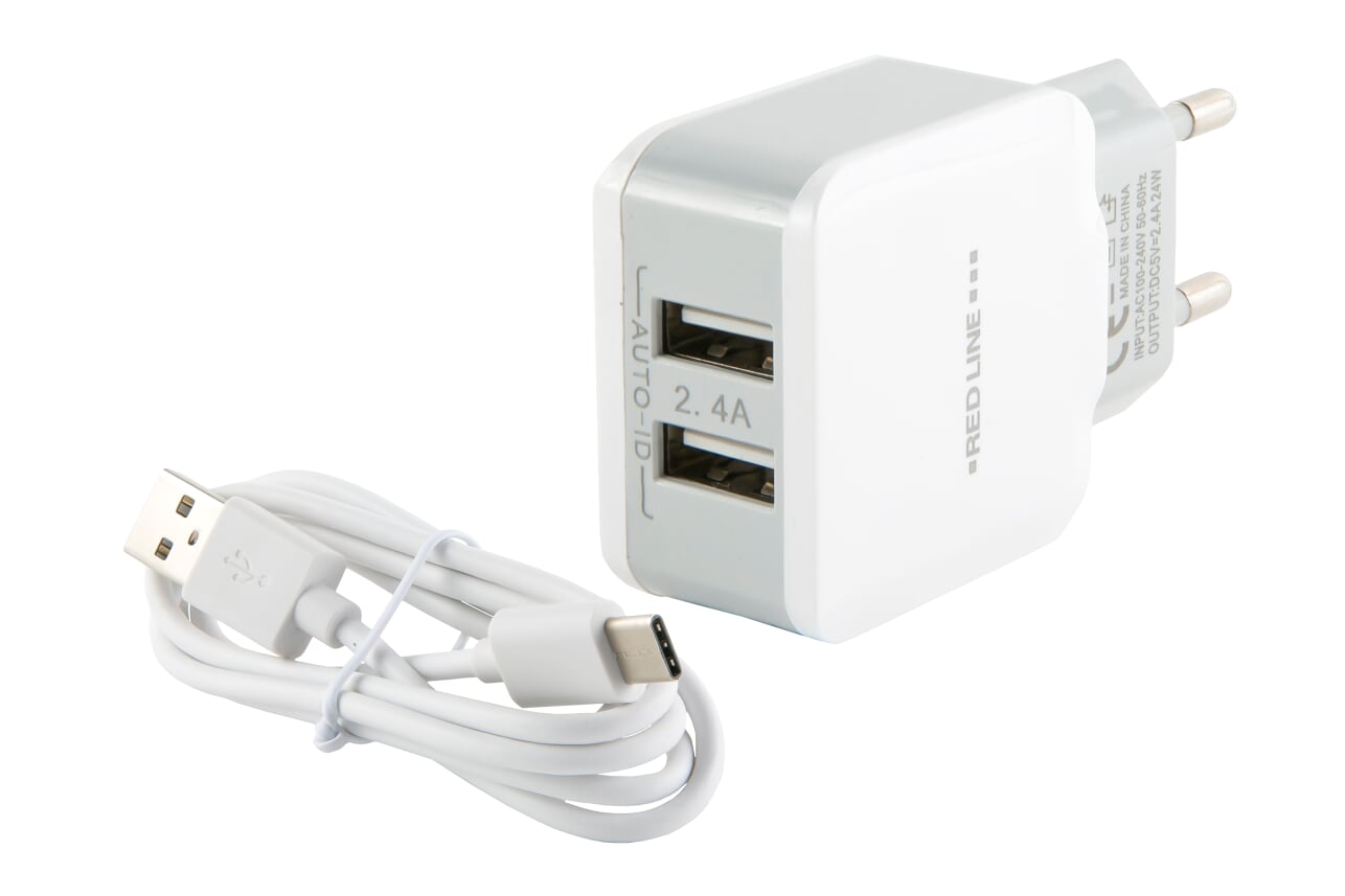 Сетевое зарядное устройство Red Line NC-2.4A, 2USB, 2.4A, белый (УТ000013633), кабель USB Type C - фото 1