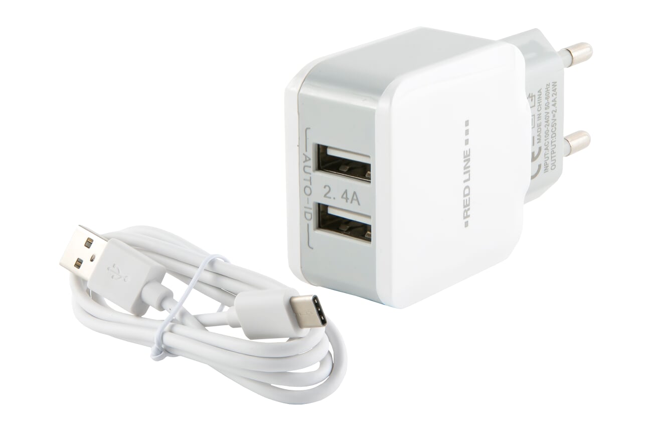 

Сетевое зарядное устройство Red Line NC-2.4A, 2USB, 2.4A, белый (УТ000013633), кабель USB Type C, NC-2.4A