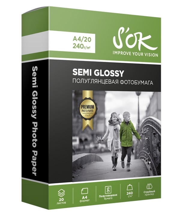 

Фотобумага A4 240 г/м² полуглянцевая, 20 листов, односторонняя, S'OK Premium SA4240020SG для струйной печати