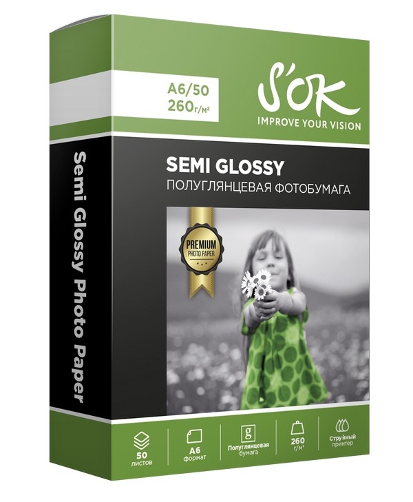 

Фотобумага A6 260 г/м² полуглянцевая, 50 листов, односторонняя, S'OK Premium SA6260050SG для струйной печати