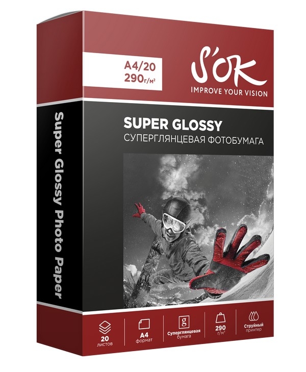 

Фотобумага A4 290 г/м² суперглянцевая, 20 листов, односторонняя, S'OK Premium SA4290020HG для струйной печати