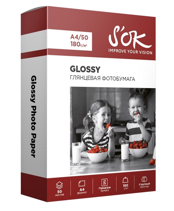 Фотобумага A4 180г/м2 глянцевая, 50 листов, односторонняя, S'OK Glossy Photo Paper SA4180050G для струйной печати