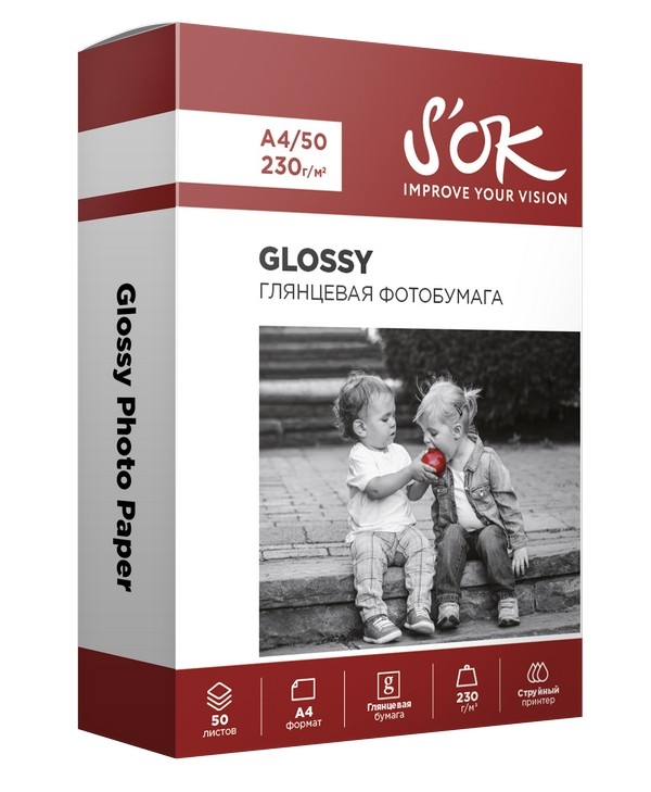 

Фотобумага A4 230г/м2 глянцевая, 50 листов, односторонняя, S'OK Glossy Photo Paper SA4230050G для струйной печати