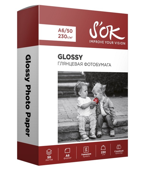 

Фотобумага A6 230 г/м² глянцевая, 50 листов, односторонняя, S'OK Glossy Photo Paper SA6230050G для струйной печати