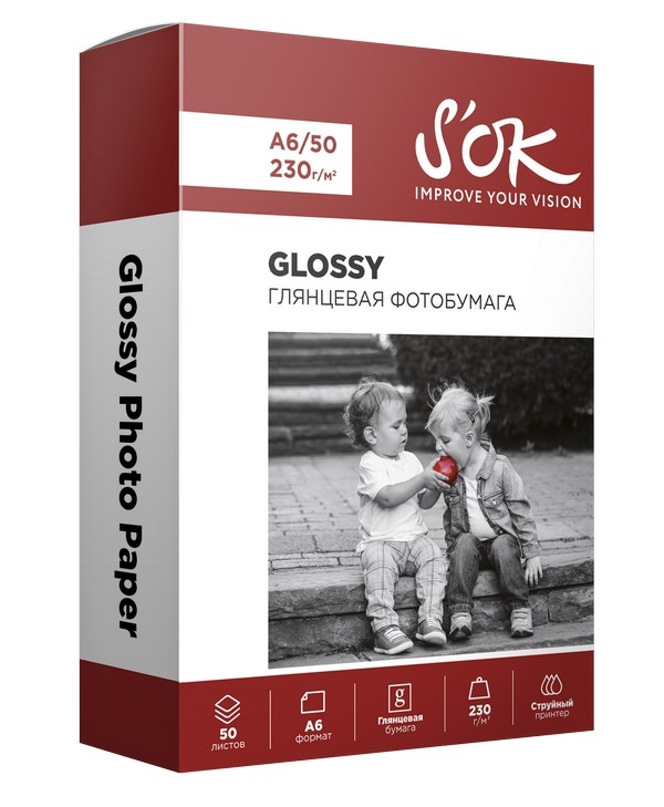 Фотобумага A6 230 г/м² глянцевая, 50 листов, односторонняя, S'OK Glossy Photo Paper SA6230050G для струйной печати