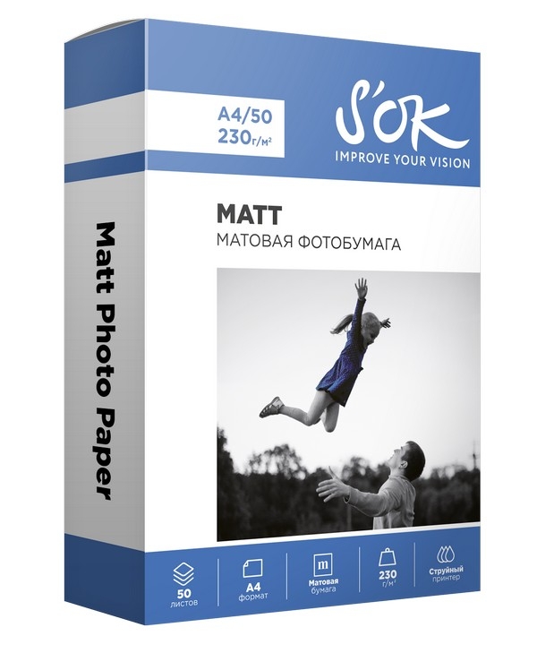 

Фотобумага A4 230 г/м² матовая, 50 листов, односторонняя, S'OK Matt Photo Paper SA4230050M для струйной печати