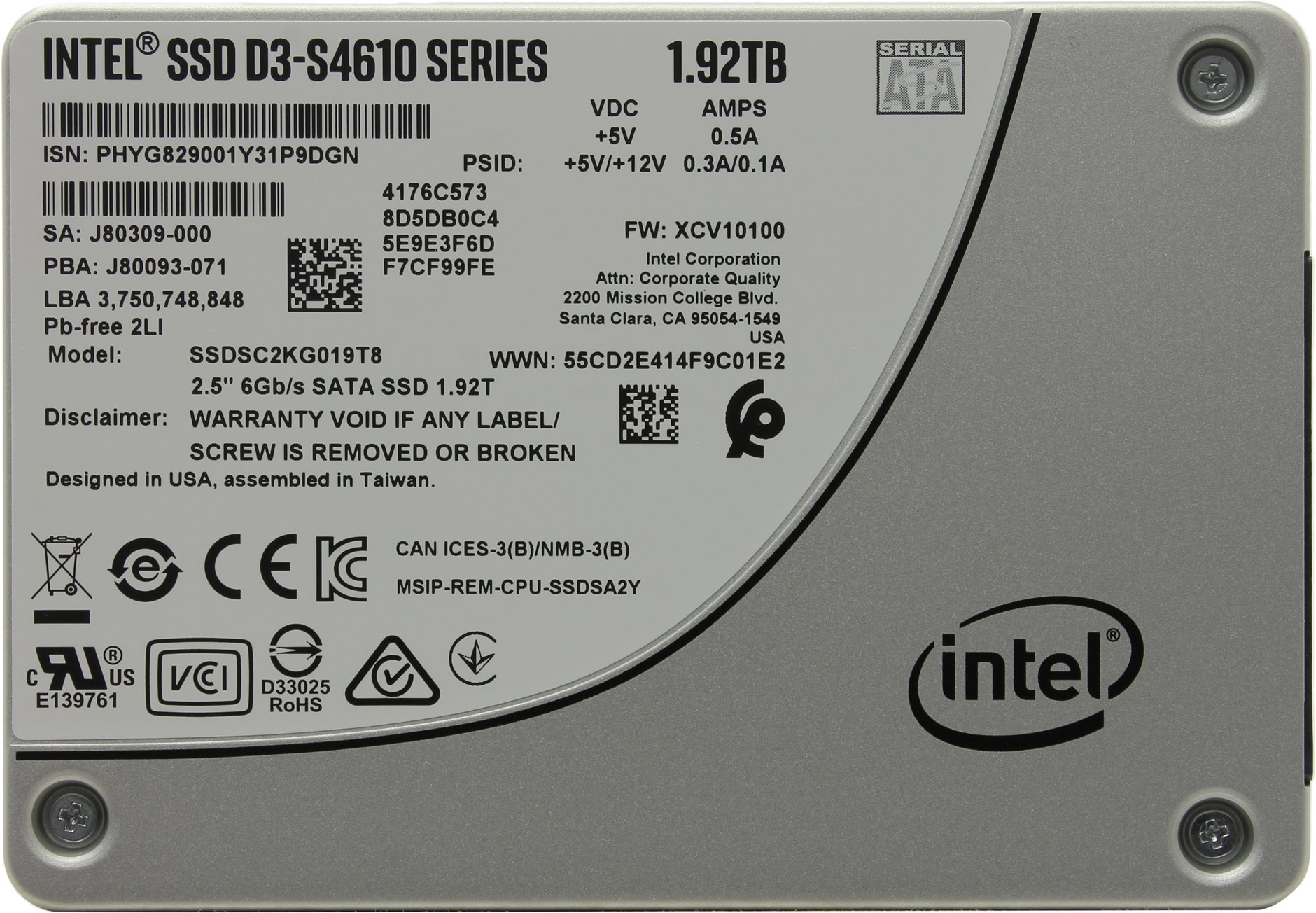 Твердотельный накопитель (SSD) Intel D3-S4610 1.92Tb, 2.5", SATA3