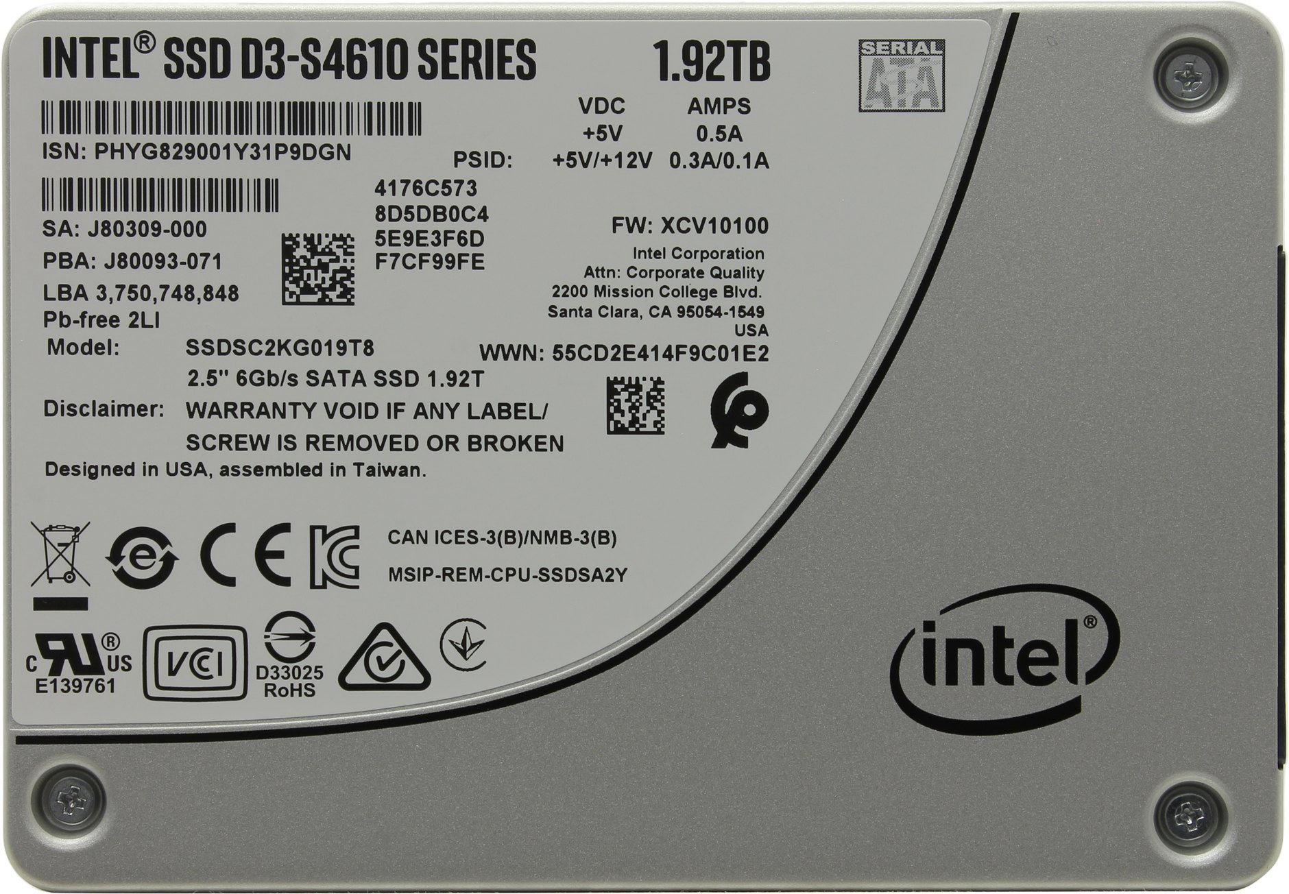 Твердотельный накопитель (SSD) Intel 1.92Tb D3-S4610, 2.5", SATA3 (SSDSC2KG019T801)