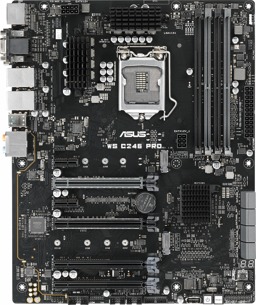 

Материнская плата ASUS WS C246 PRO, 1xSocket1151v2, iC246, 4xDDR4, 4PCI-Ex16, 2xM.2-PCI-E, 8SATA3 RAID 0/1/5/10, 7.1-ch, 2GLAN, 2xUSB 2.0, 5xUSB 3.0, 2xUSB 3.1, VGA, DVI, HDMI, DisplayPort, ATX, Retail (90SW00G0-M0EAY0), WS C246 PRO
