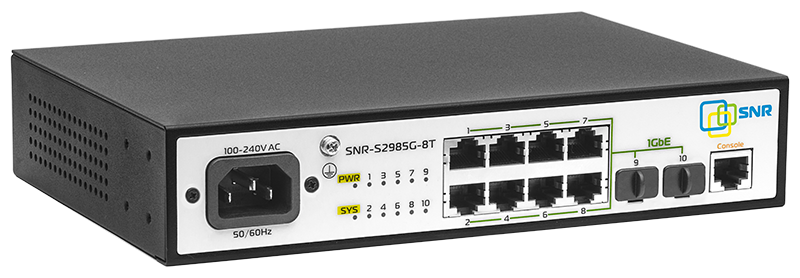 

Коммутатор SNR SNR-S2985G-8T, управляемый, кол-во портов: 8x1 Гбит/с, кол-во SFP/uplink: 2x1 Гбит/с, установка в стойку, SNR-S2985G-8T