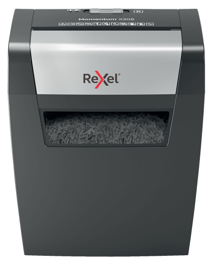 

Шредер Rexel Momentum X308, секретность 3/P-3, 180 см/мин., фрагменты - 5мм x 4.2см, 15л, 8 листов, скрепки, скобы (2104570EU), Momentum X308
