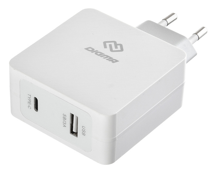

Сетевое зарядное устройство Digma DGPD-45W-WG, 2USB, USB type-C, 3A, белый, кабель USB Type C, DGPD-45W-WG