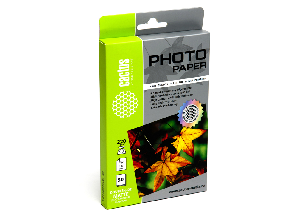 Фотобумага 10x15 220г/м2 матовая, 50 листов, двусторонняя, Cactus CS-MA622050DS для струйной печати, цвет белый - фото 1