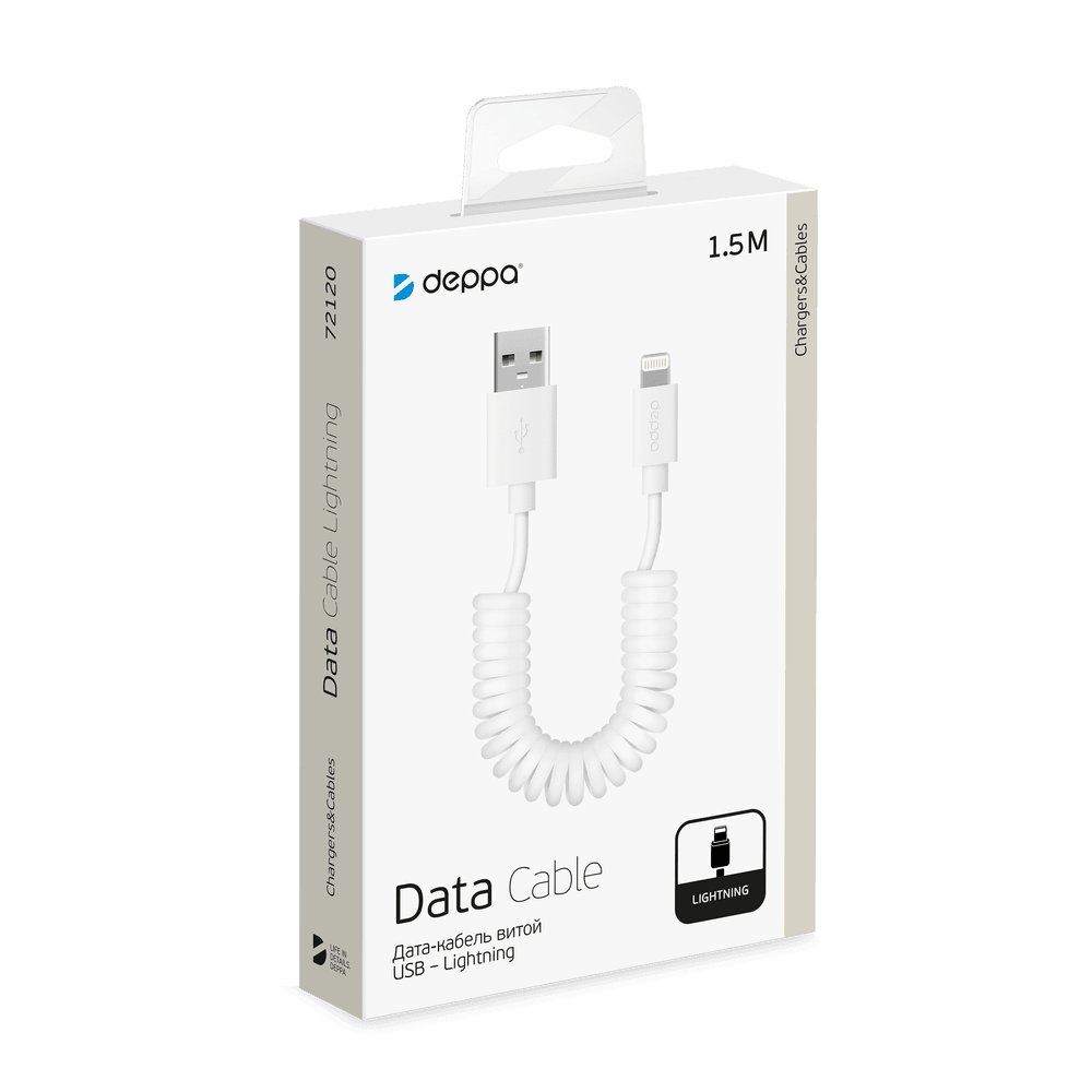

Кабель USB-Lightning(8-pin), Deppa, 1.4м, белый, витой пружиной (72120)