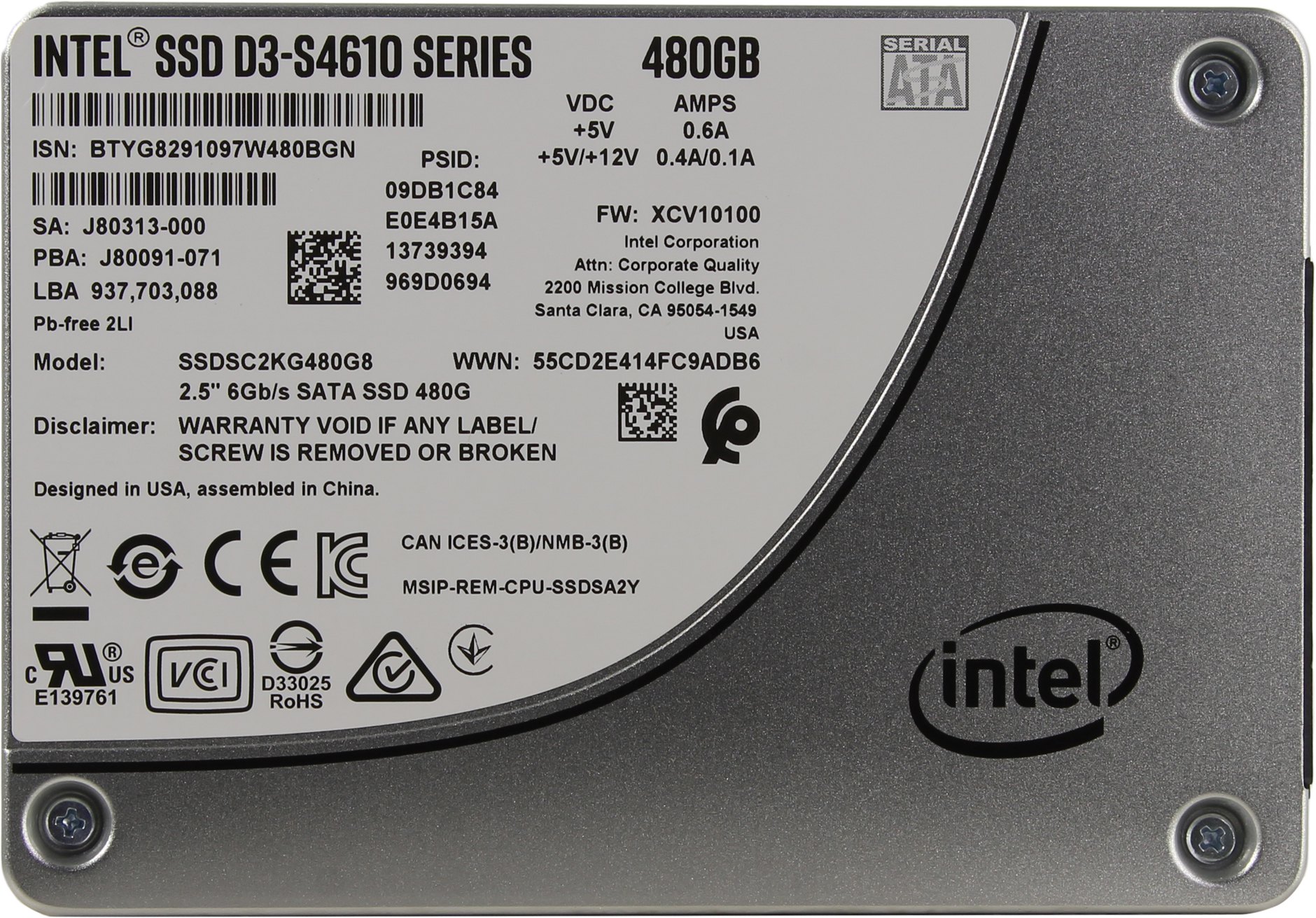Твердотельный накопитель (SSD) Intel D3-S4610 480Gb, 2.5", SATA3 (SSDSC2KG480G8/SSDSC2KG480G801)