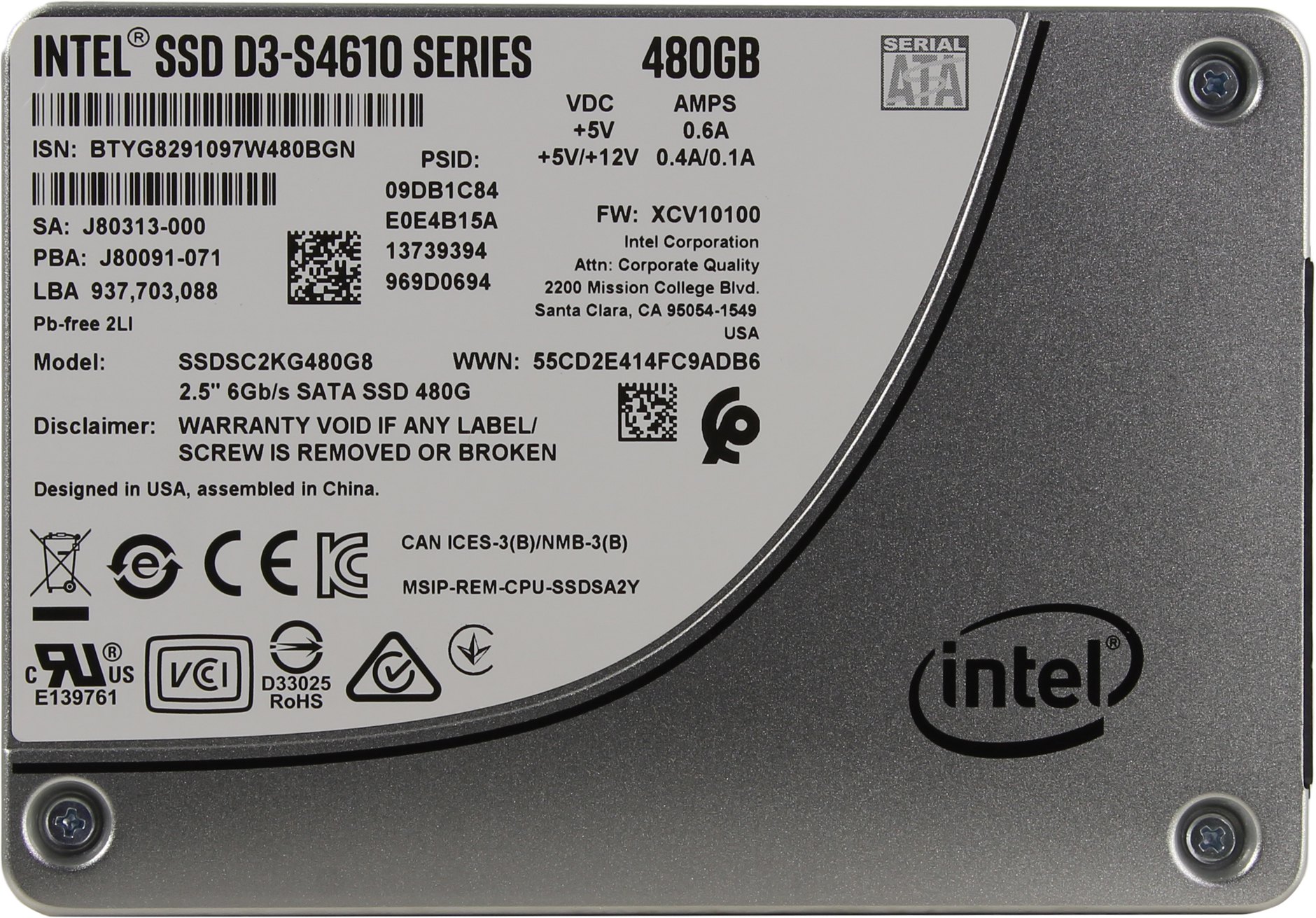 Твердотельный накопитель (SSD) Intel 480Gb D3-S4610, 2.5", SATA3 (SSDSC2KG480G8/SSDSC2KG480G801)