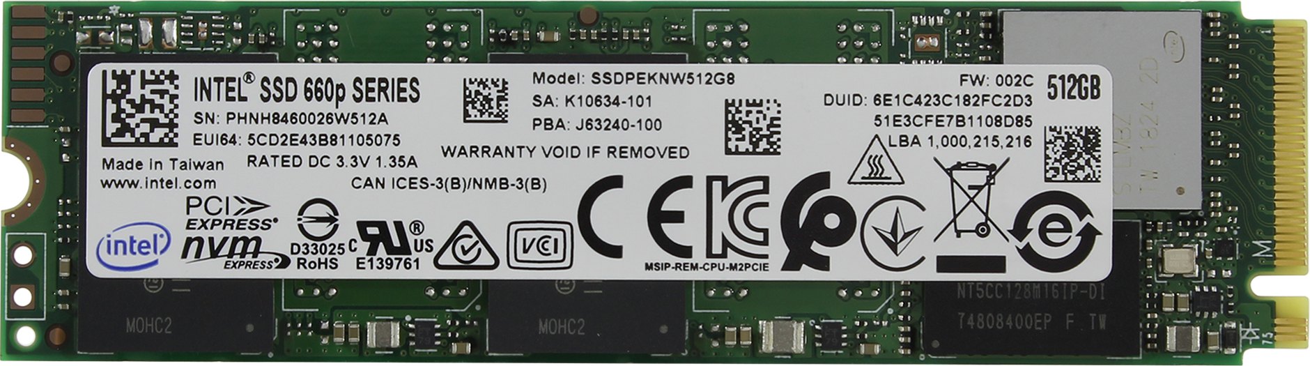 Твердотельный накопитель (SSD) Intel 512Gb 660P, 2280, M.2, NVMe (SSDPEKNW512G8X1) - фото 1