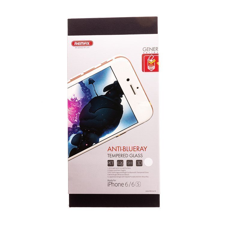 

Защитное стекло 3D Remax Anti Blue Ray для смартфона Apple iPhone 6/6S Full Screen, 0,26mm, с белой рамкой (68835)
