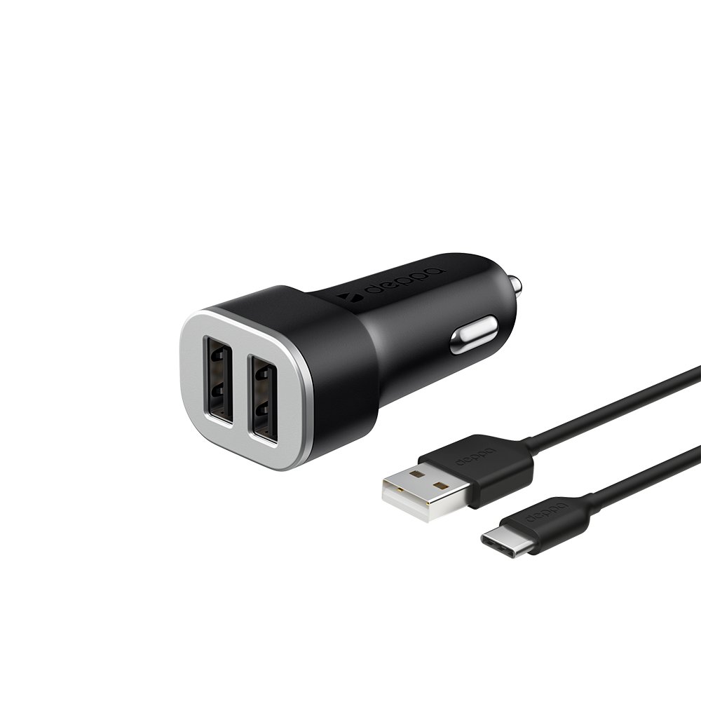 Автомобильное зарядное устройство Deppa, 2USB, 2.4A, кабель USB Type-C, черный (11284)