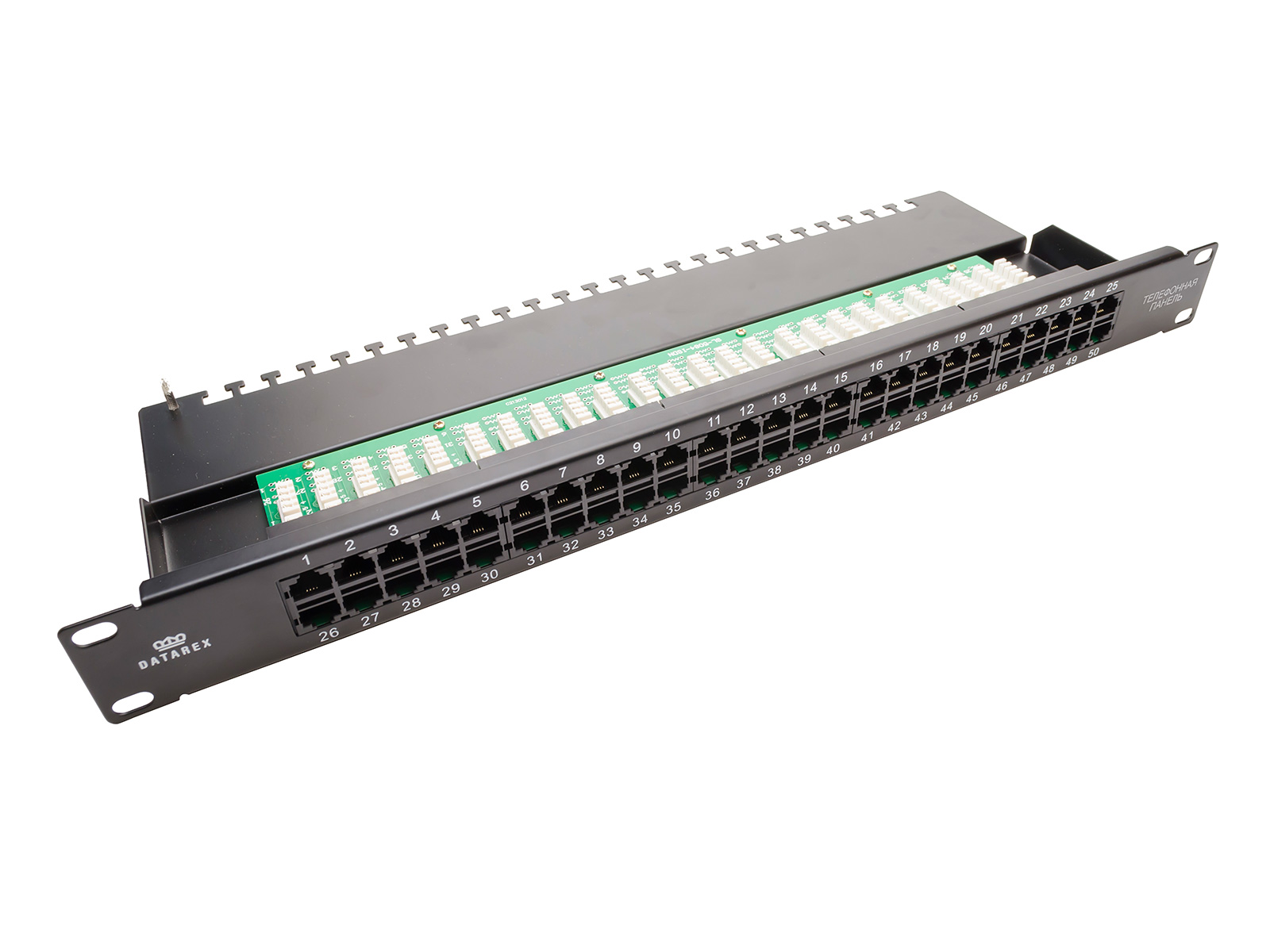 

Патч-панель в шкаф 19" 1U, порты: 50 x RJ-45 кат. 3, органайзер, черный, Datarex (DR-4071)
