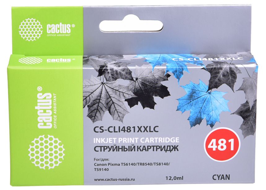 

Картридж струйный Cactus CS-CLI481XXLC (CLI-481XXL C/1990C001), голубой, совместимый, 12 мл, для Canon Pixma TR7540/TR8540/TS6140/TS8140