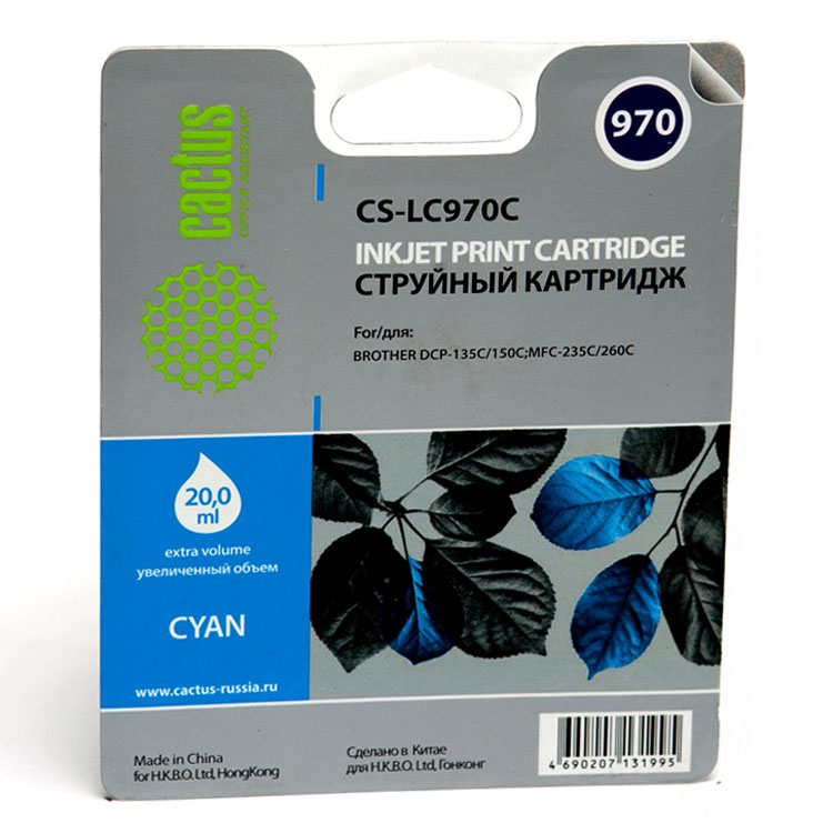 

Картридж струйный Cactus CS-LC970C, голубой, совместимый, 20 мл, для Brother DCP-135C/150C;MFC-235C/260C