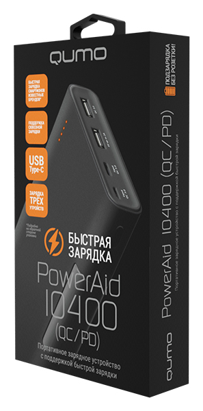 

Портативный аккумулятор (Powerbank) Qumo PowerAid 10400 QC/PD, 10400mAh, 2xUSB, 2A, Type-C, QC, черный (24052), PowerAid 10400 QC/PD