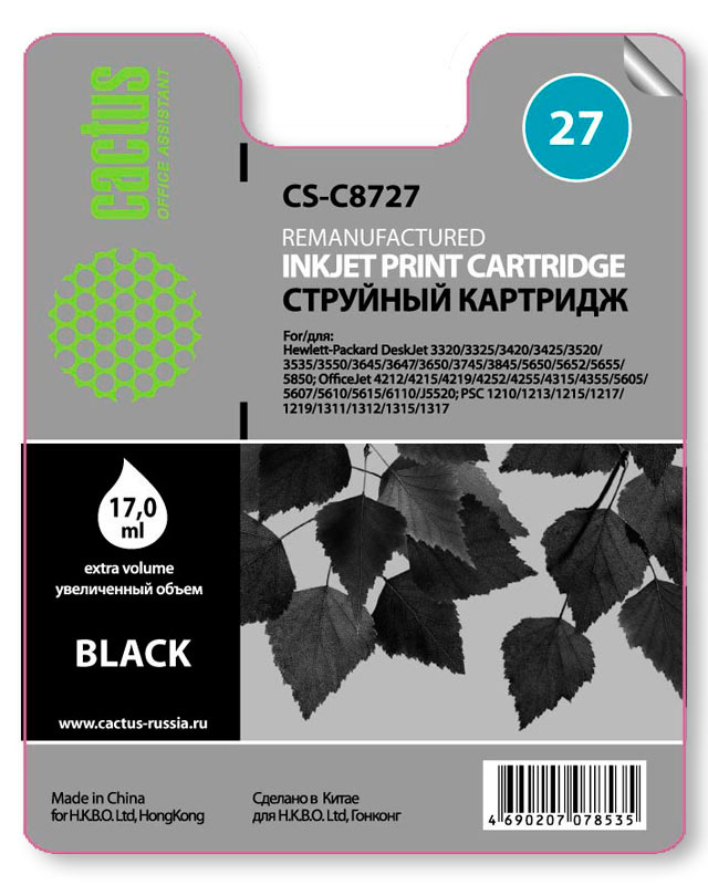 

Картридж струйный Cactus CS-C8727 (27), черный, совместимый, 350 страниц, для HP OJ 4355 / 4212 / 5610 / 4255 / 6160, PSC 1315 / 1210 / 1216 / 1315 / 1215, DJ 3845 / 5150 / 3325 / 3420