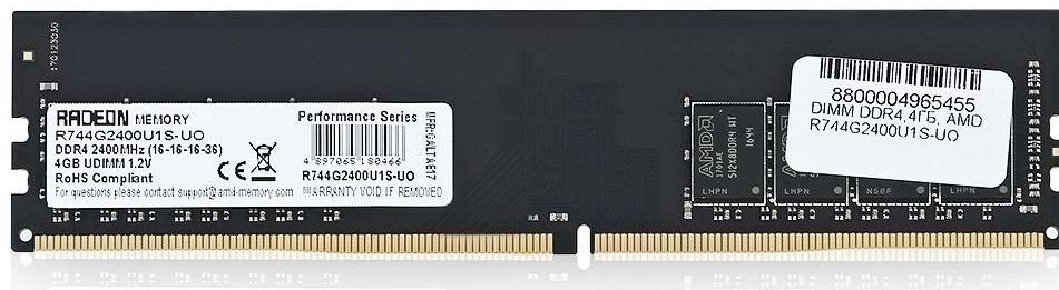 

Память DDR4 DIMM 4Gb, 2400MHz, CL17, 1.2 В, AMD (R744G2400U1S-UO), R744G2400U1S-UO