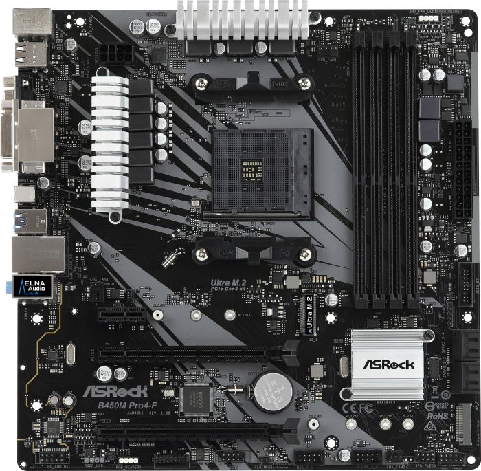 

Материнская плата ASRock B450M Pro4-F, SocketAM4, AMD B450, 4xDDR4, 2PCI-Ex16, 4SATA3, 7.1-ch, GLAN, 6USB 3.1, USB Type-C, VGA, DVI, HDMI, mATX, Retail, B450M Pro4-F