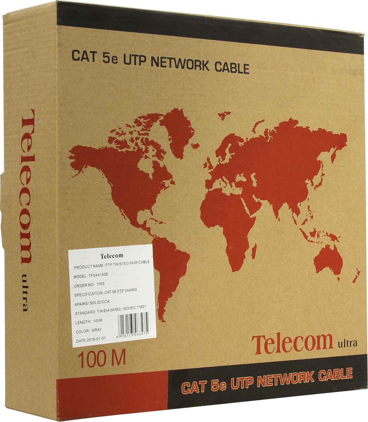 Витая пара FTP кат.5e, 4 пары, CCA, 0.5 мм, 100м., внутренний, одножильный, серый, Telecom (TFS44150E)