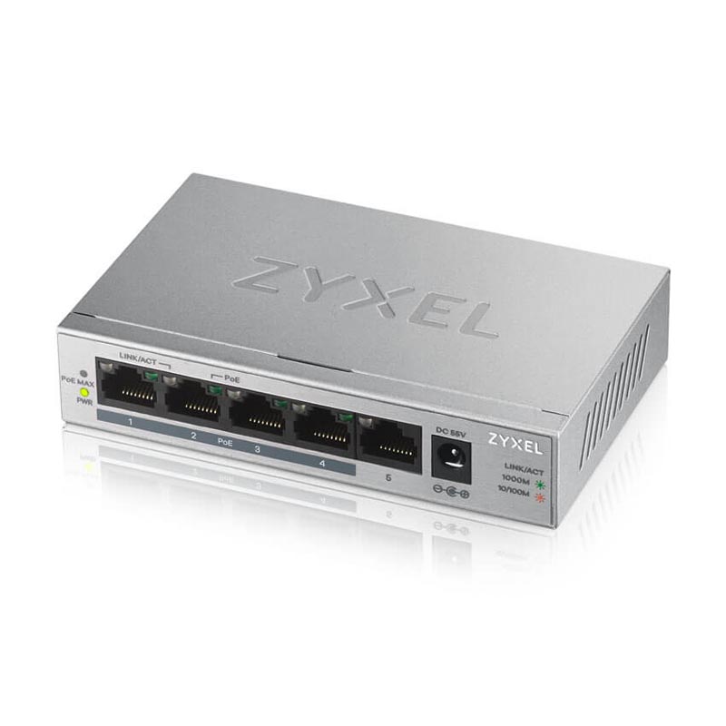 

Коммутатор ZYXEL GS1005HP, кол-во портов: 5x1 Гбит/с, PoE: 4шт.x30W (макс. 60W) (GS1005HP-EU0101F), GS1005HP