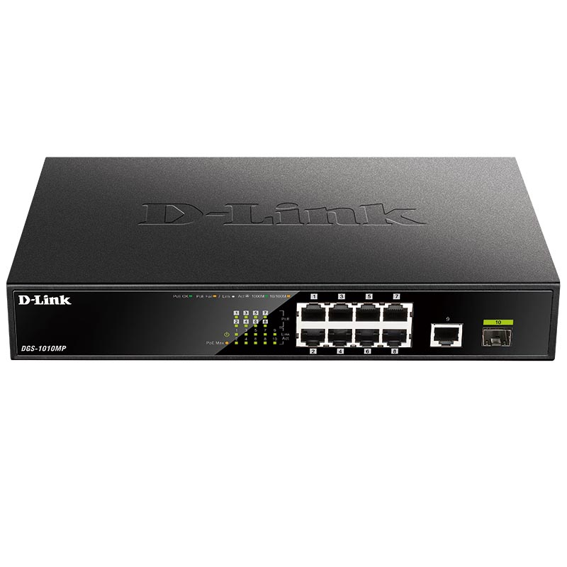 

Коммутатор D-link DGS-1010MP, кол-во портов: 9x1 Гбит/с, SFP 1x1 Гбит/с, установка в стойку, PoE: 8x30Вт (макс. 125Вт) (DGS-1010MP/A1A), DGS-1010MP