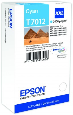 

Картридж струйный Epson T7012 (C13T70124010), голубой, оригинальный, ресурс 3400 страниц для Epson Epson WorkForce Pro WP-4015DN / WP-4025DW / WP-4095DN / WP-4515DN / WP-4525DNF / WP-4535DWF / WP-4595DNF, T7012