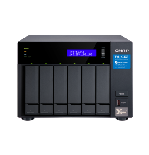 

Сетевой накопитель (NAS) QNAP TVS-672XT-i3-8G, слоты 6x2.5"/3.5" SATA 6Gb/s, 2x1 Гбит + 10 Гбит/с, HDMI, 5xUSB 3.0, Intel Core i3-8100T/4x3.1GHz, DDR4 8Gb, RAID 0/1/5/6/10, (TVS-672XT-i3-8G), Черный, TVS-672XT-i3-8G