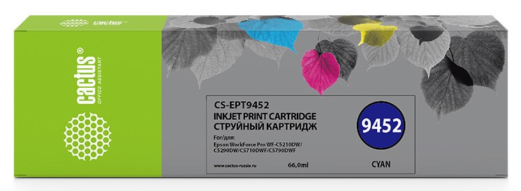 

Картридж струйный Cactus CS-EPT9452 (T9452/C13T945240), голубой, совместимый, 66 мл, для Epson WF-C5290DW/C5790DW
