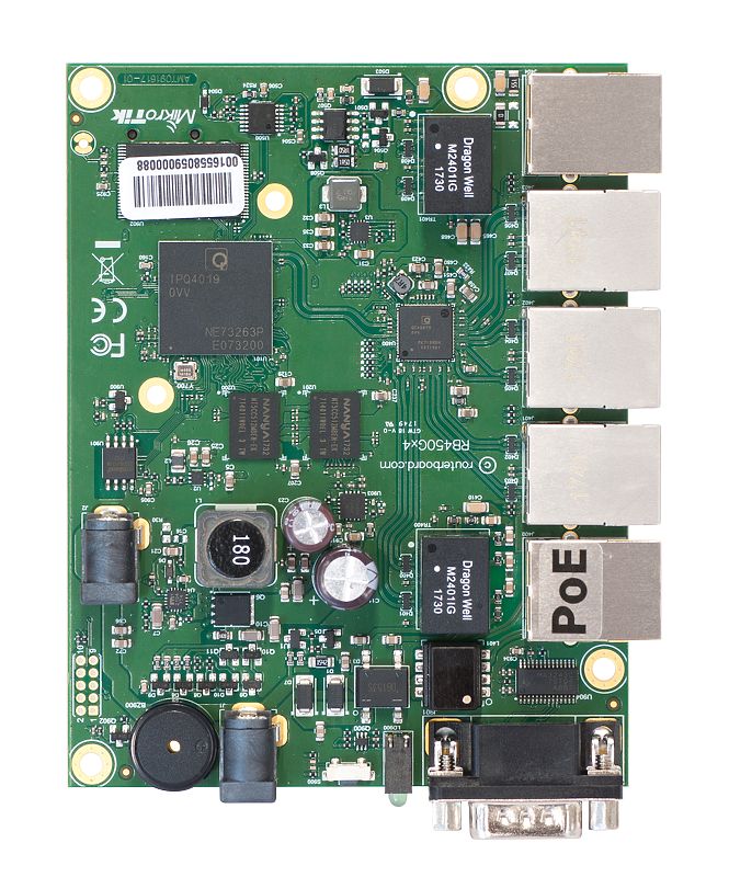Системная плата Mikrotik RouterBOARD 450Gx4, Four core 716MHz CPU, 1Gb RAM, 5xGLAN, PoE out on port #5, RouterOS L5 (RB450Gx4)