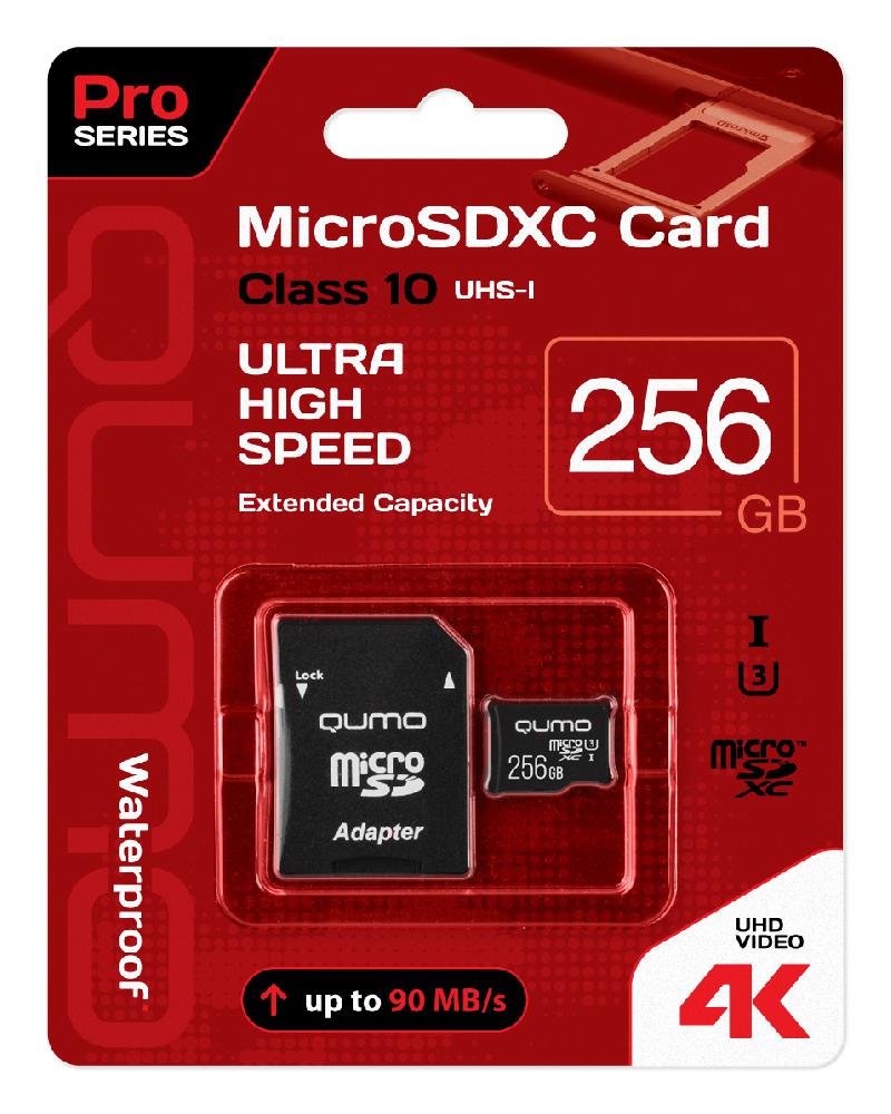 

Карта памяти 256Gb microSDXC Qumo Pro Class 10 UHS-I U3 + адаптер, QM256GMICSDXC10U3